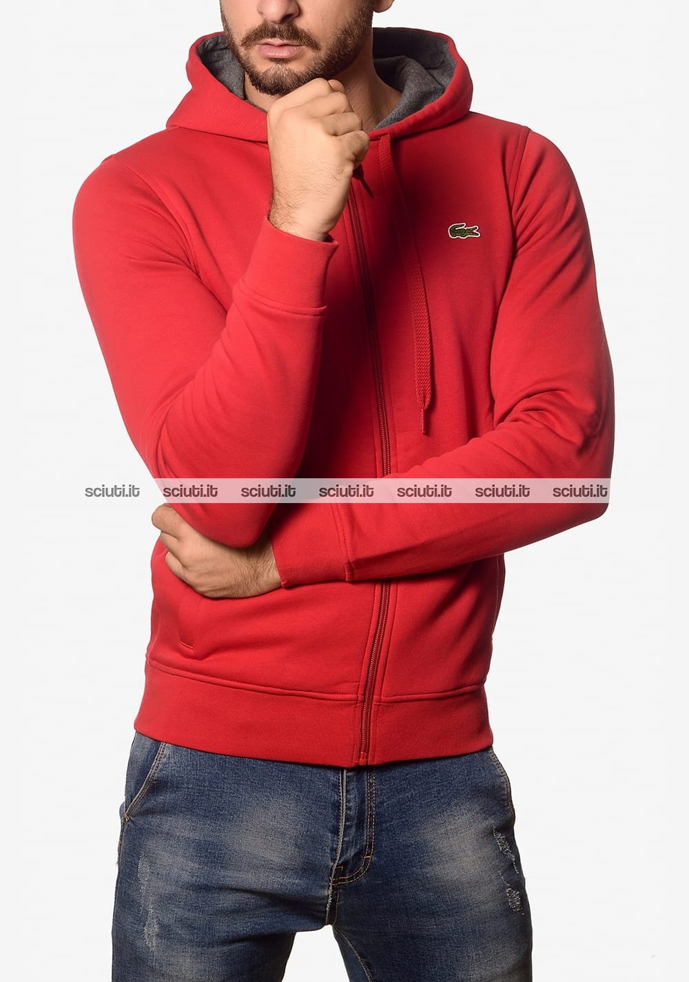 Felpa Lacoste uomo con cappuccio fullzip rosso | Sciuti.it