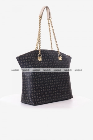 Borsa shopping Pollini Heritage donna nera dettagli bianco avorio stondata