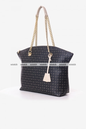 Borsa shopping Pollini Heritage donna nera dettagli bianco avorio stondata