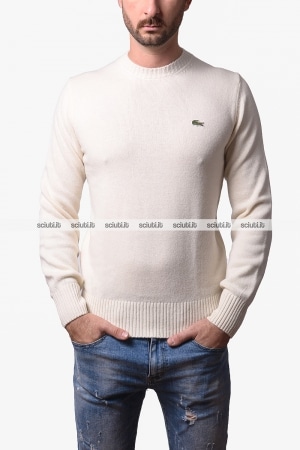 Maglione Lacoste uomo bianco avorio in lana cardata