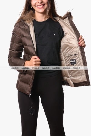 Piumino Blauer donna marrone Arcadia cappuccio bordato