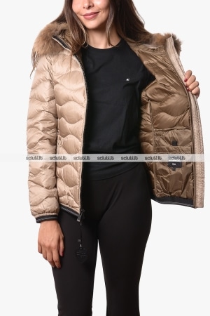 Piumino Blauer donna beige Aldie ad onde cappuccio bordato