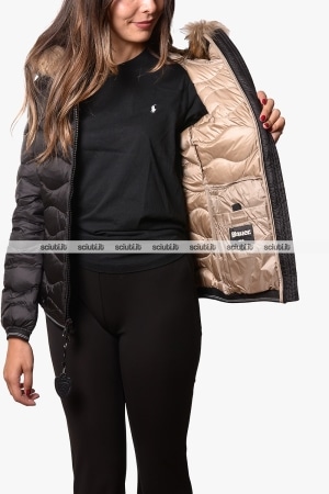 Piumino Blauer donna nero Aldie ad onde cappuccio bordato
