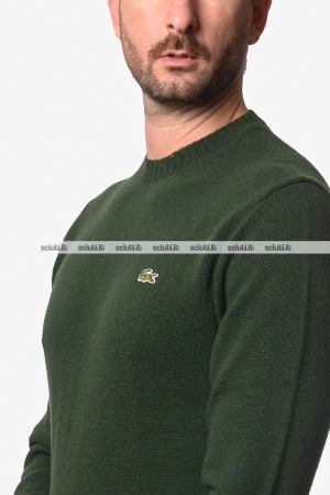 Maglione Lacoste uomo verde scuro in lana cardata