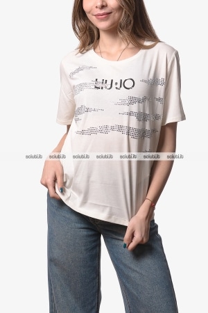 Tshirt Liu Jo donna bianco avorio con logo e strass