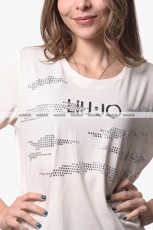 Tshirt Liu Jo donna bianco avorio con logo e strass