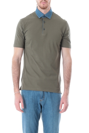 Polo Old river uomo verde scuro in filo di scozia colletto denim
