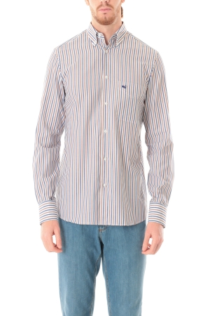 Camicia Old river uomo bianco blu beige scuro rigato bastoncino in cotone