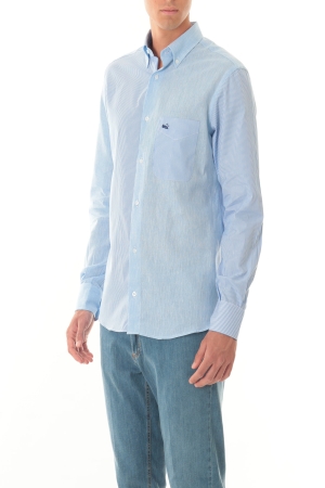 Camicia Old River uomo celeste a righe intarsi cotone e lino