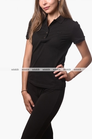 Polo Lacoste donna nera in pique di cotone stretch slim fit