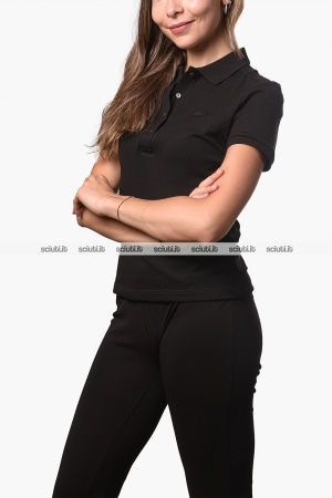 Polo Lacoste donna nera in pique di cotone stretch slim fit