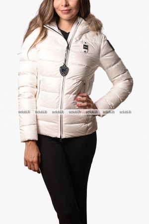Piumino Blauer donna bianco in piuma Arcadia cappuccio bordato