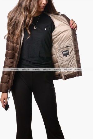 Piumino Blauer donna marrone in piuma Arcadia cappuccio bordato