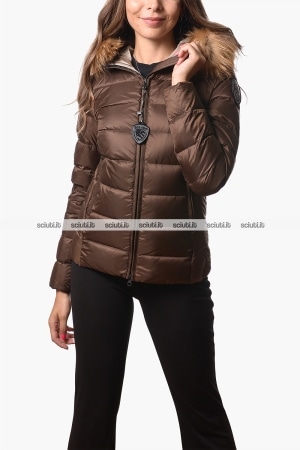 Piumino Blauer donna marrone in piuma Arcadia cappuccio bordato