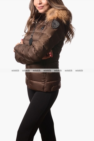 Piumino Blauer donna marrone in piuma Arcadia cappuccio bordato