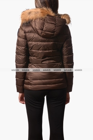 Piumino Blauer donna marrone in piuma Arcadia cappuccio bordato