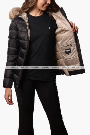 Piumino Blauer donna nero in piuma Arcadia cappuccio bordato