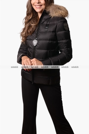 Piumino Blauer donna nero in piuma Arcadia cappuccio bordato