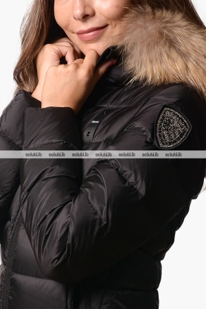 Piumino Blauer donna nero in piuma Arcadia cappuccio bordato