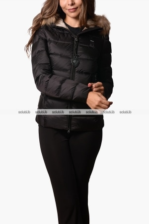 Piumino Blauer donna nero in piuma Arcadia cappuccio bordato