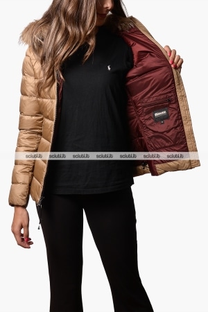 Piumino Blauer donna beige in piuma Arcadia cappuccio bordato