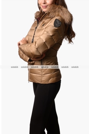 Piumino Blauer donna beige in piuma Arcadia cappuccio bordato