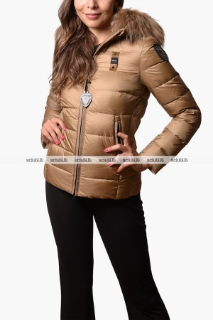 Piumino Blauer donna beige in piuma Arcadia cappuccio bordato
