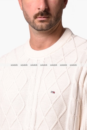 Maglione Tommy Hilfiger Jeans uomo bianco panna in maglia intrecciata