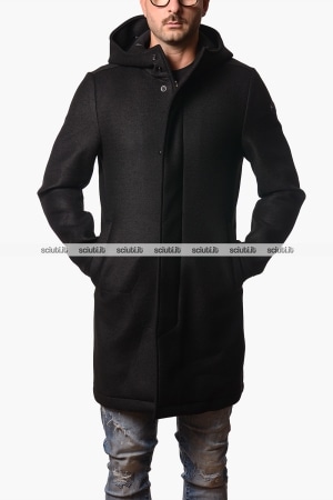 Cappotto Colmar uomo nero in panno di lana con cappuccio