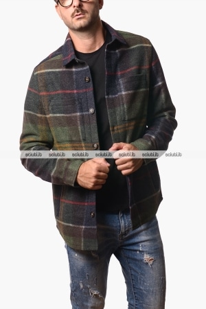 Giacca camicia Barbour uomo verde blu scuro Woodlane spazzolata