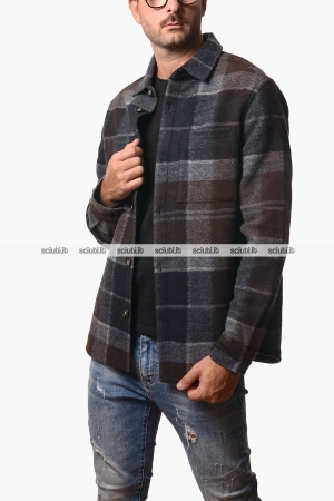Giacca camicia Barbour uomo blu scuro marrone Woodlane spazzolata